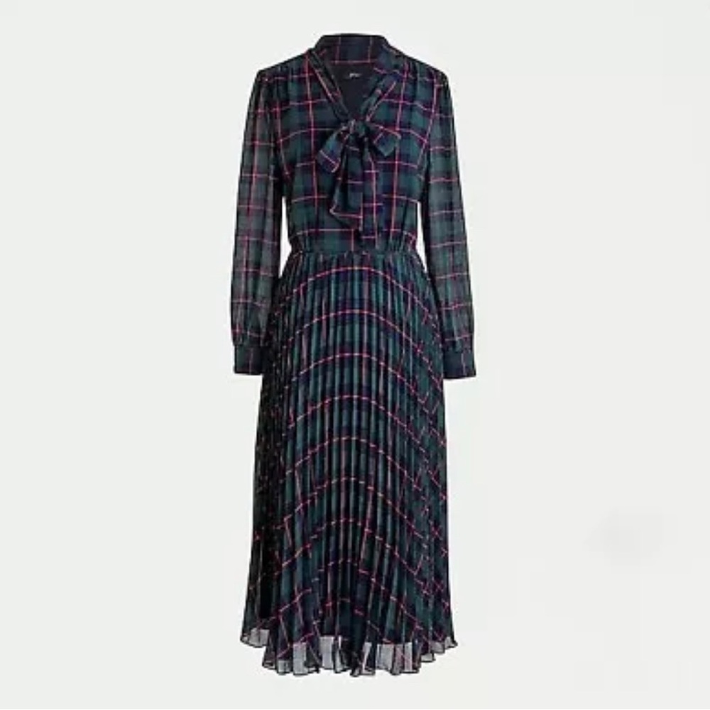 J CREW Tie-neck pleated A-line dress in Black Watch tartan Size 2